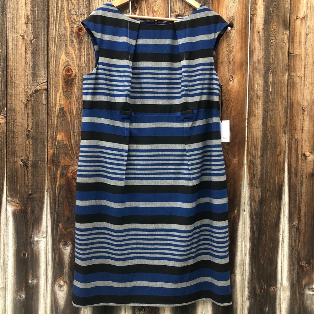 NWT Calvin Klein Cap-Sleeve Striped Pleated Detail Sheath Dress 16
